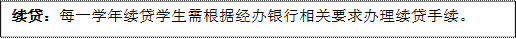 續(xù)貸:每一學(xué)年續(xù)貸學(xué)生需根據(jù)經(jīng)辦銀行相關(guān)要求辦理續(xù)貸手續(xù)。