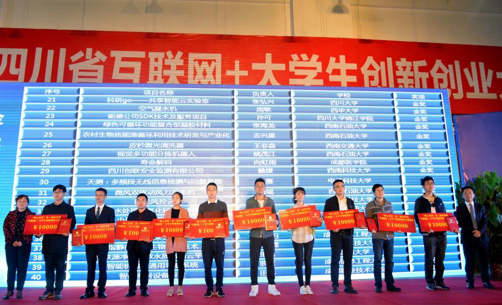 我校金獎項目獲得者石晛、田瑤上臺領獎(左七、左八)